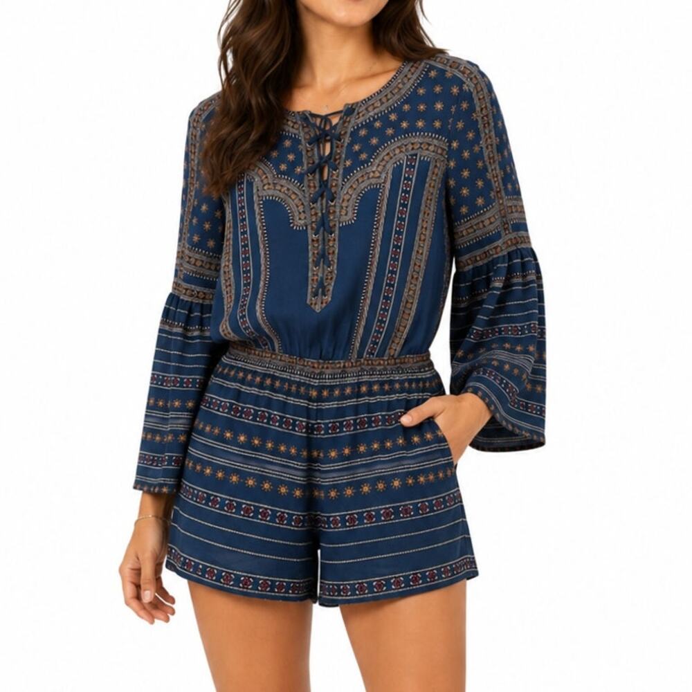 BCBGMAXAZRIA Blue Boho Print Romper L Lace Up Bell Sleeve Festival Womens Large